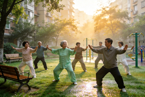 社区居民清晨在公园集体练习太极拳的和谐场景