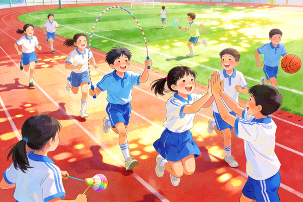 中小学生在校园操场上进行阳光体育运动的欢乐画面