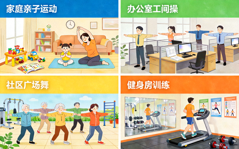 多元化健身场景拼图：家庭亲子运动、办公室工间操、社区广场舞、健身房训练