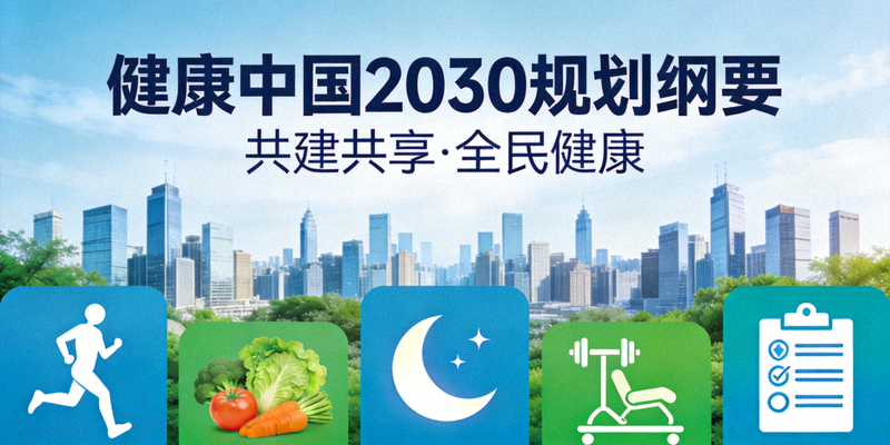 健康中国2030规划纲要宣传图，展示健康生活方式图标与城市背景