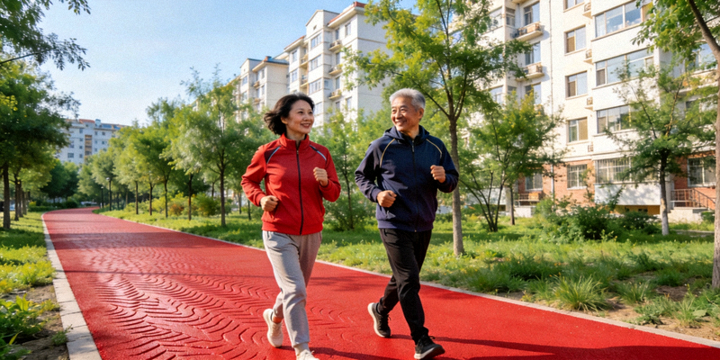 社区居民在崭新的塑胶步道上健步走，背景是绿树和居民楼