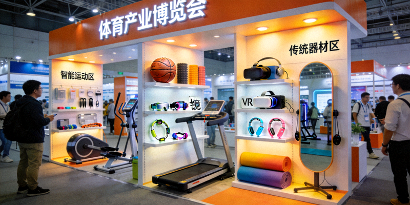 体育产业博览会现场，展示各类体育器材和创新产品