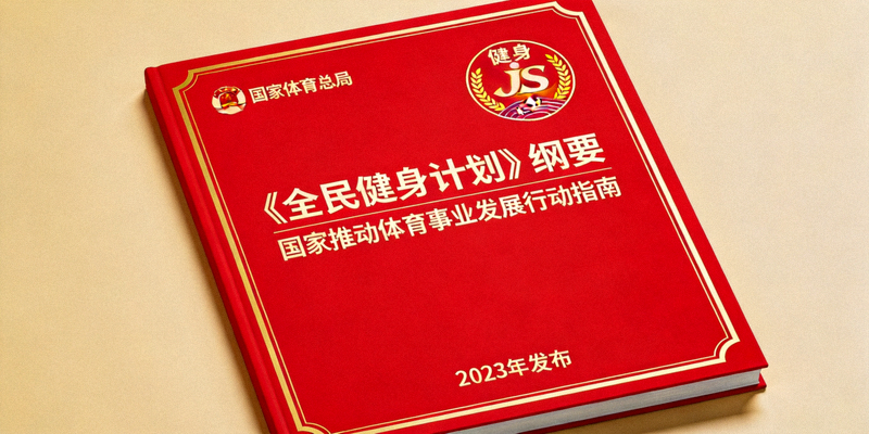 《全民健身计划》纲要文件封面与全民健身标志，展示国家推动体育事业的决心