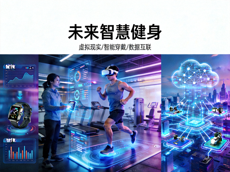 未来智慧健身概念图，展示虚拟现实健身、智能穿戴设备与城市健身数据网络互联