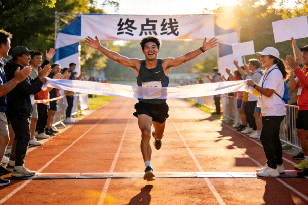 马拉松比赛中，业余选手冲过终点线的激动瞬间