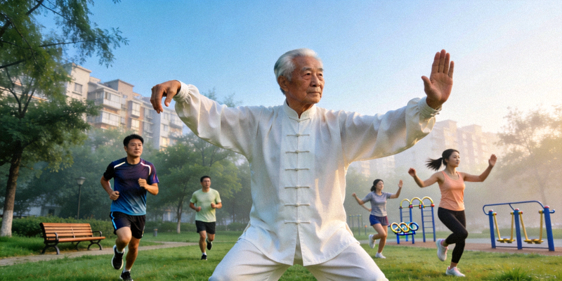清晨社区公园里，不同年龄段的居民正在进行晨练，包括太极拳、慢跑和健身操