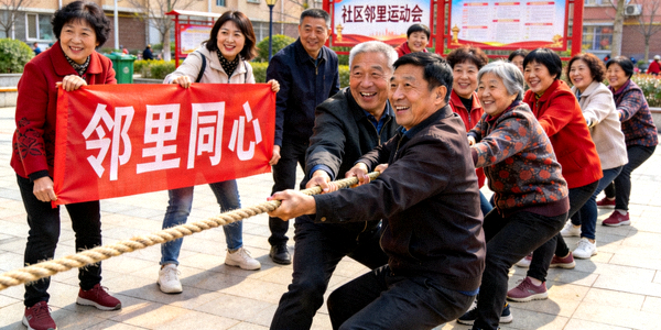 社区邻里运动会拔河比赛现场，居民们团结协作