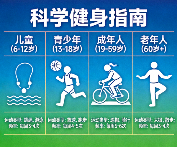 科学健身指南示意图，展示不同年龄人群适合的运动类型与频率