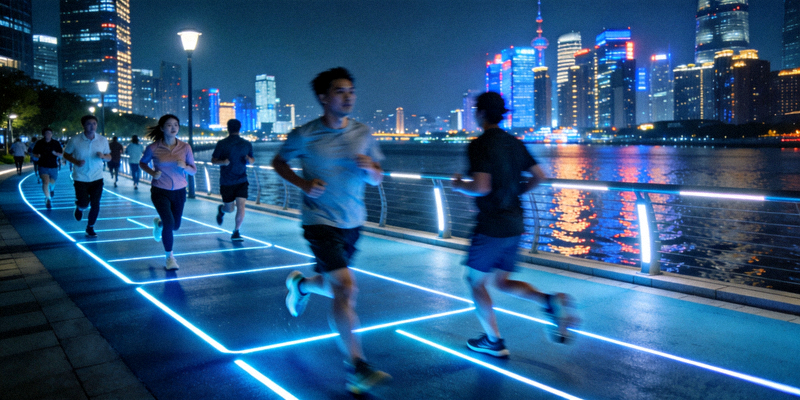 市民在新建的滨江智能健身步道上跑步，背景是城市夜景