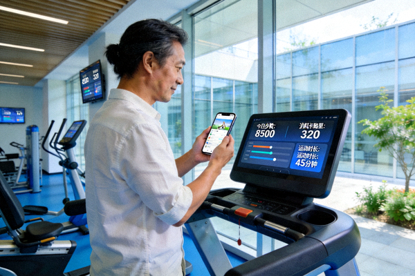 智慧社区健身中心内，居民通过手机APP查看运动数据