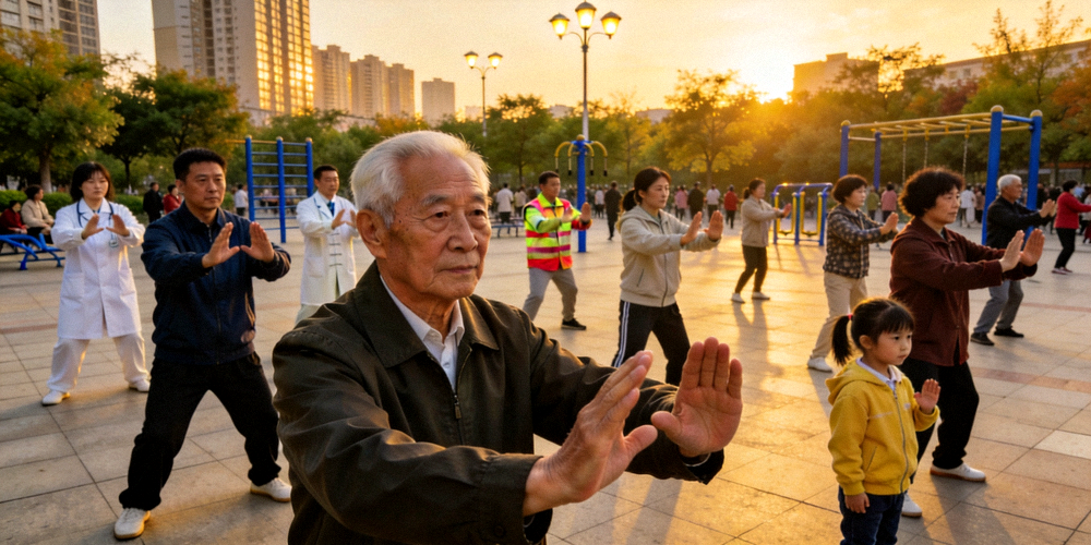 不同职业、年龄的人们在黄昏的城市广场一起练习太极拳，展现全民健身的和谐画面
