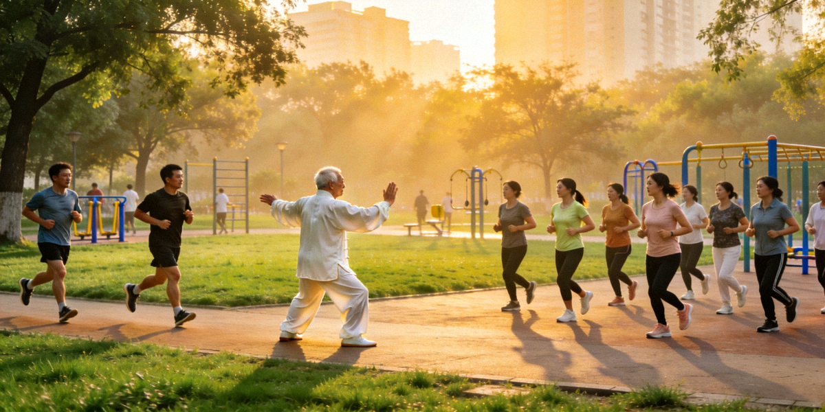 城市公园中不同年龄段的市民正在进行晨练，包括太极拳、慢跑和健身操等多种活动