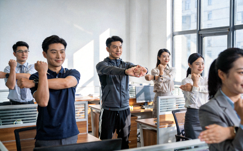 企业员工在办公室进行工间操锻炼，专业教练正在指导正确的拉伸动作