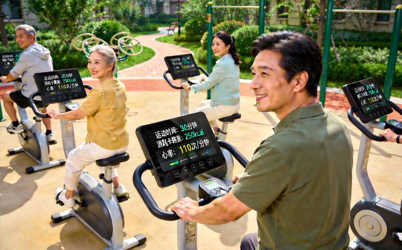 社区健身广场上，居民正在使用智能健身器材进行锻炼，器材屏幕上显示运动数据