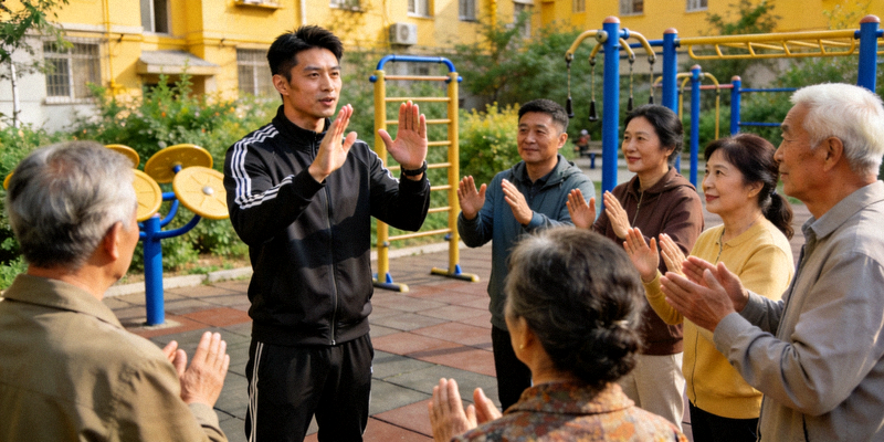 专业教练在社区指导居民进行科学热身运动的场景