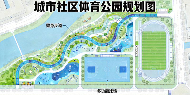 城市社区体育公园规划蓝图，包含健身步道、多功能球场等设施示意图