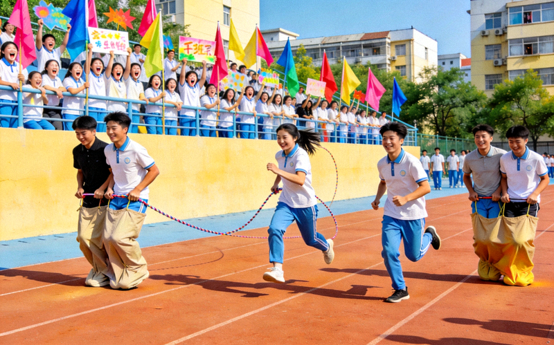 校园体育节盛况，学生们参与趣味运动项目，看台上同学们加油助威，充满欢乐氛围