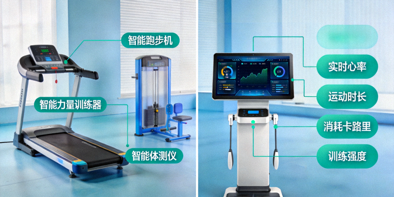 智慧体育设施示意图，展示智能健身器材与数据监测屏幕