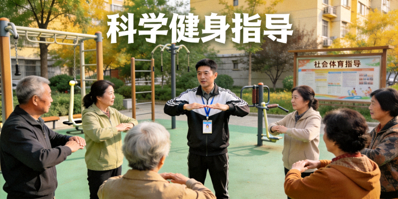 社会体育指导员在社区指导居民进行科学健身，现场教学场景