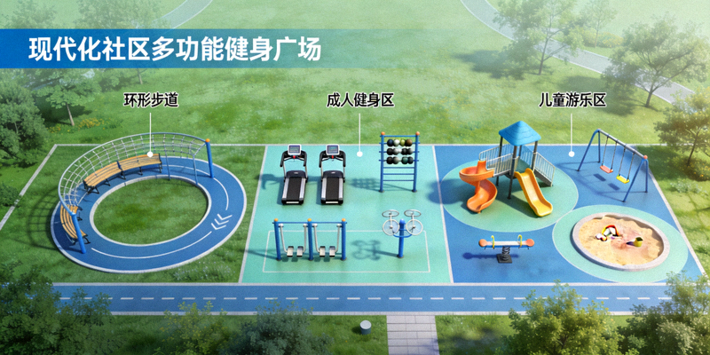 现代化社区多功能健身广场规划示意图，包含健身路径、器材区和儿童活动区