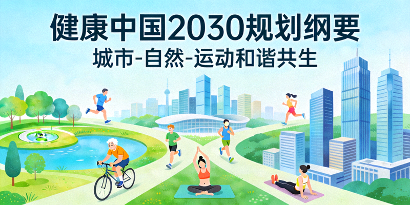健康中国2030规划纲要概念图，展现城市、自然与运动人群和谐共生的画面