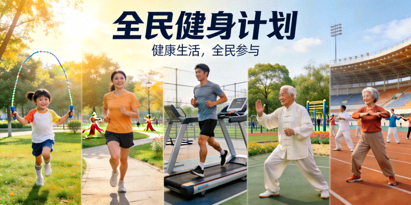 全民健身计划宣传图，不同年龄人群在公园、体育馆等场所进行多样化锻炼