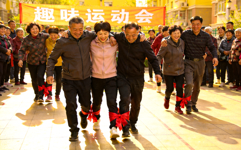 社区居民积极参与趣味运动会，进行两人三足比赛，笑声不断