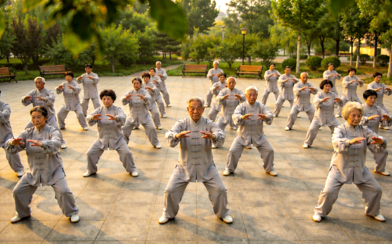社区广场上中老年人整齐地练习太极拳，动作舒缓优美