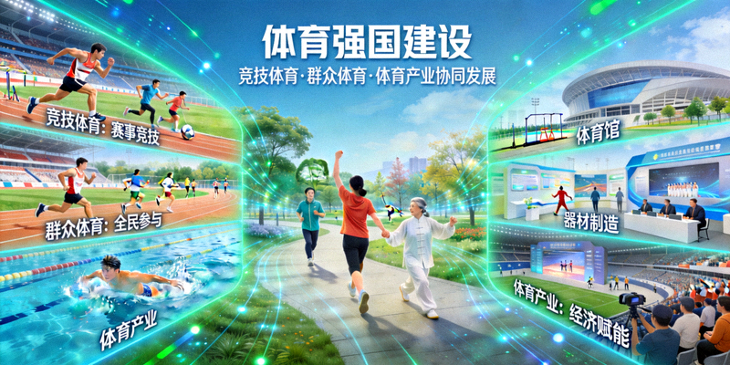 体育强国建设概念图，展现竞技体育、群众体育、体育产业协同发展的宏伟场景