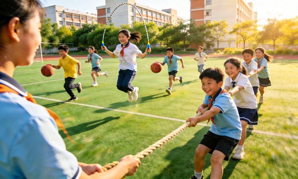 中小学校园内学生们正在进行丰富多彩的集体体育活动，充满活力
