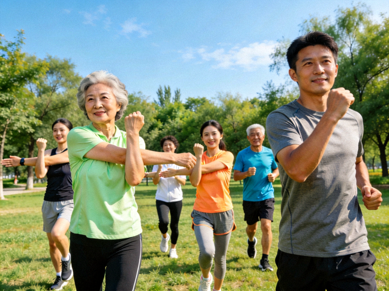 一群不同年龄的人在公园里进行科学健身锻炼，包括慢跑、拉伸和团体操，背景是绿树和蓝天