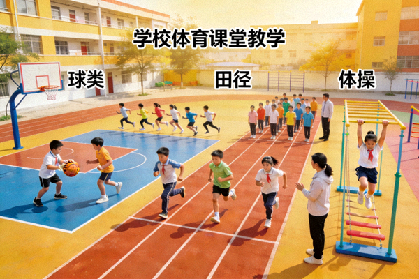 学校体育课堂多样化教学内容展示，包括球类、田径、体操等运动项目