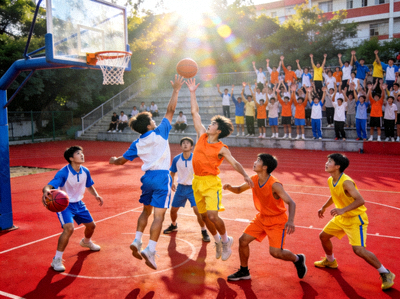 中学校园篮球比赛激烈进行中，学生球员积极拼抢