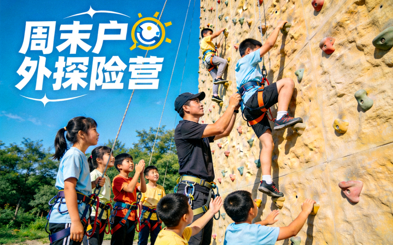青少年在“周末户外探险营”中学习攀岩技能，挑战自我
