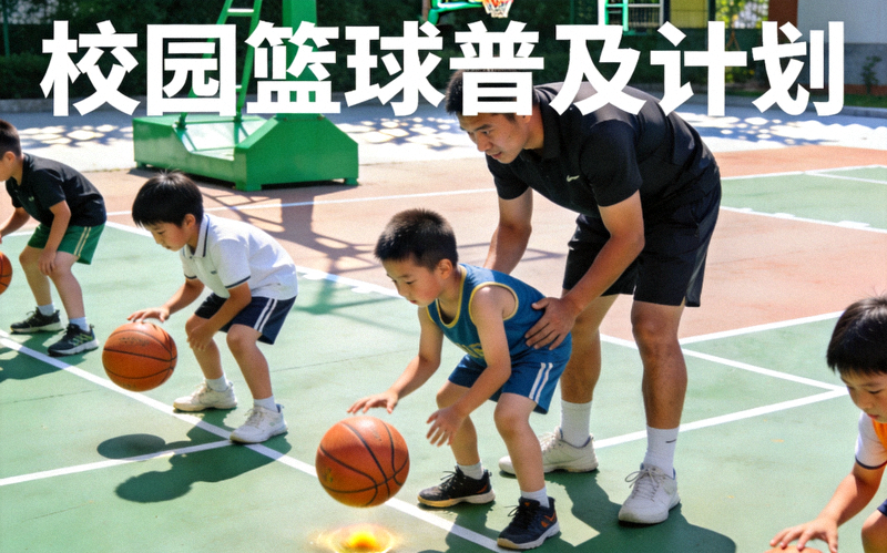 “校园篮球普及计划”中，小学生在专业教练指导下练习运球基本功