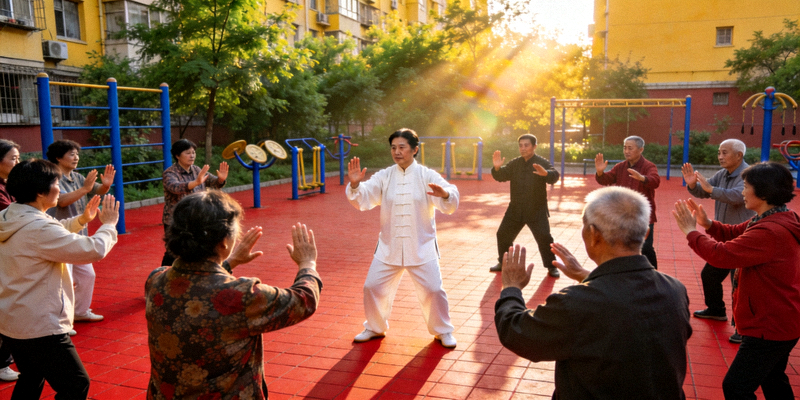 社会体育指导员在社区广场带领居民进行太极拳教学