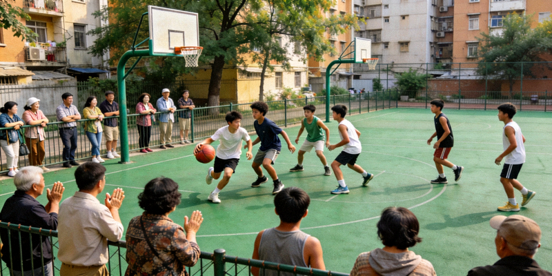 社区篮球场上青少年正在进行友谊赛，周围有居民观看