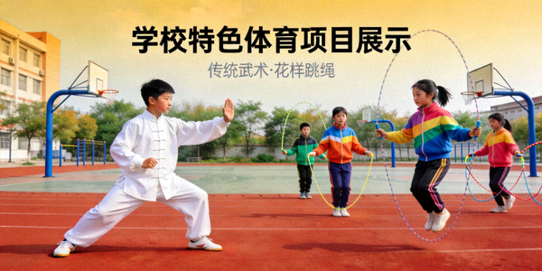 学校特色体育项目展示：学生在练习传统武术和花样跳绳