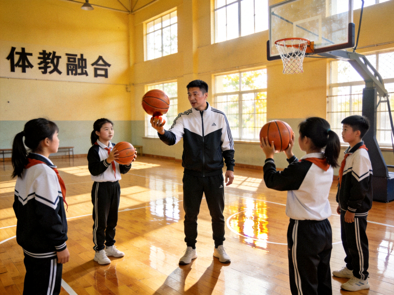 教练在校园体育馆内指导青少年进行篮球训练，体现体教融合实践
