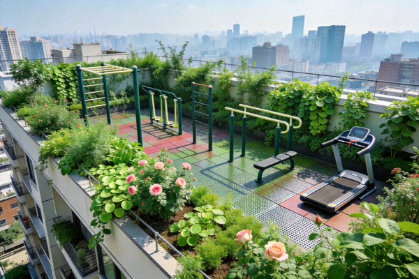 社区楼顶改造的空中健身花园，设有绿色植被和健身设施