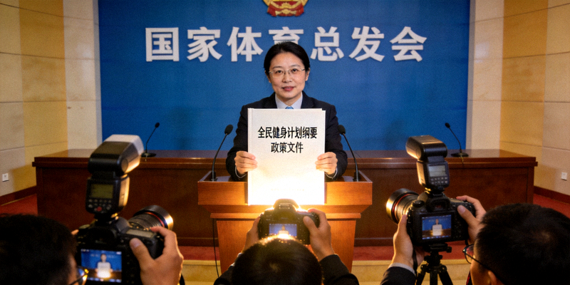 国家体育总局最新全民健身计划纲要发布会现场照片，展示政策文件