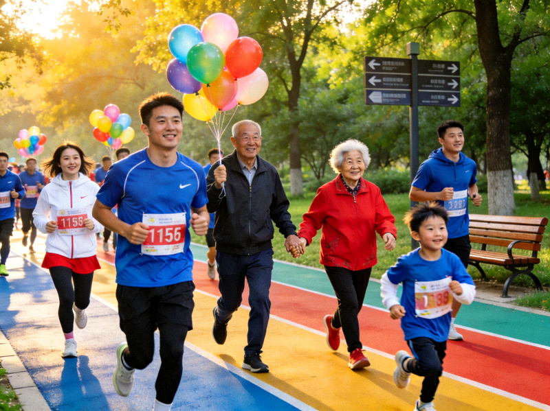 市民在城市公园参加趣味健身跑活动，男女老少共同享受运动乐趣