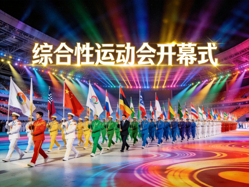 综合性运动会开幕式，绚烂灯光下运动员入场，展现宏大场面与体育精神