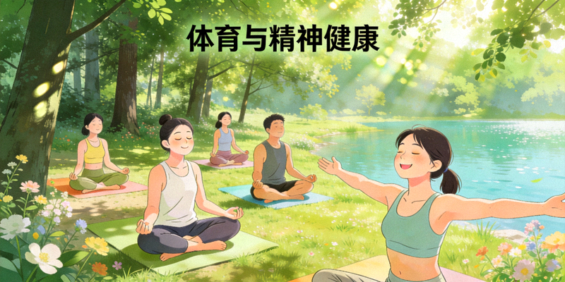 体育与精神健康主题图：人们在自然中冥想、瑜伽，展现运动带来的内心平静与愉悦