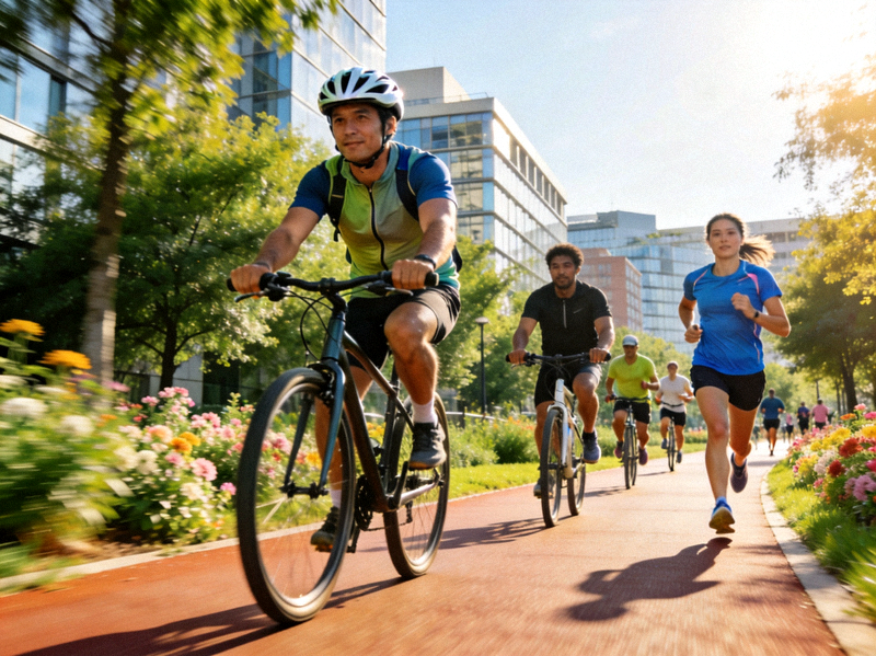 城市绿道上市民骑行和跑步的场景，展现活力四射的城市生活