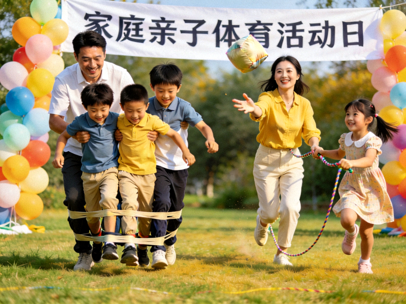 家庭亲子体育活动日，父母与孩子一起参与趣味运动