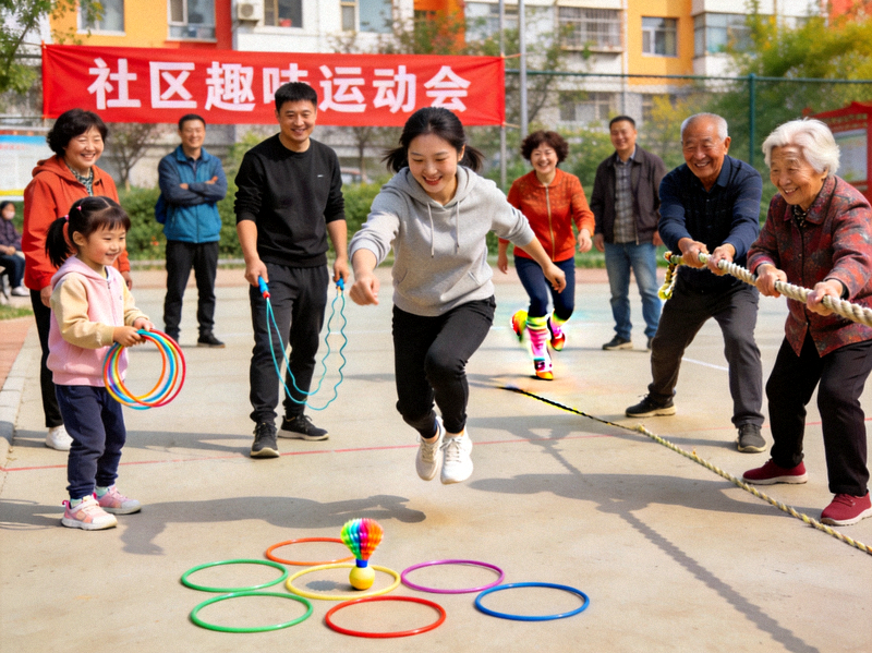 社区运动会上各年龄段居民参与趣味比赛的欢乐场面