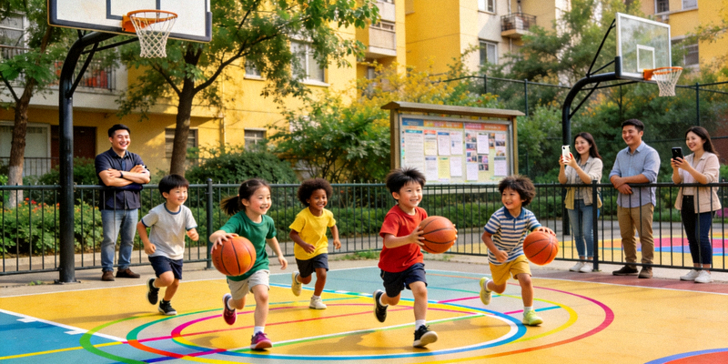孩子们在社区篮球场上快乐地打篮球，家长在一旁观看