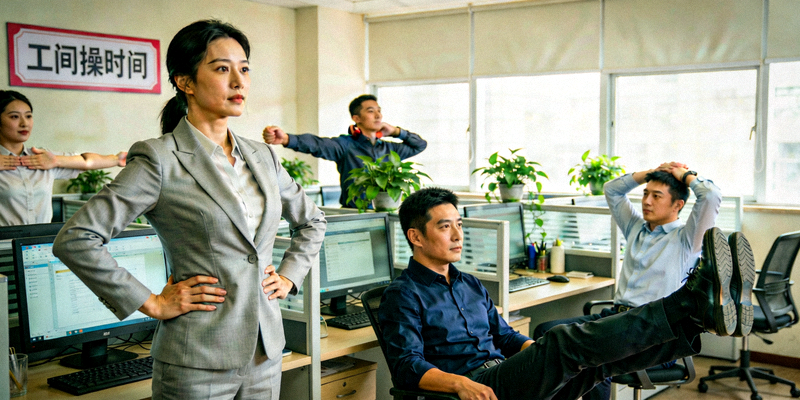 体育融入日常生活场景组图，包括办公室工间操、社区健身角和家庭亲子运动