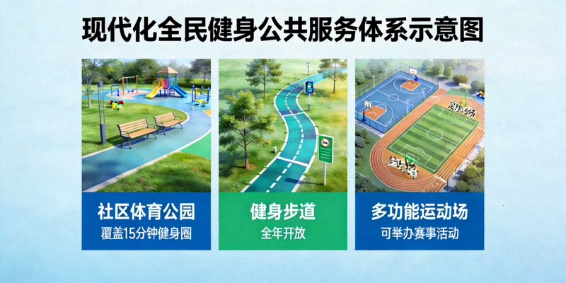 现代化全民健身公共服务体系示意图，展示社区体育公园、健身步道和多功能运动场